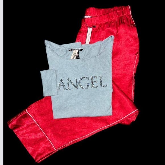 Victorias Secret Silky Satin thick pants & soft bling Angel top pajama set red L - Picture 2 of 13